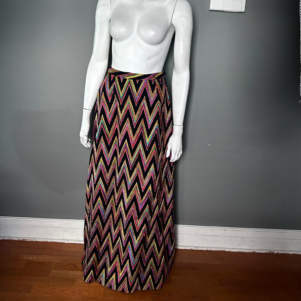Malbe Original skirt size 12 long rainbow wool chevron 60s tall metallic vintage